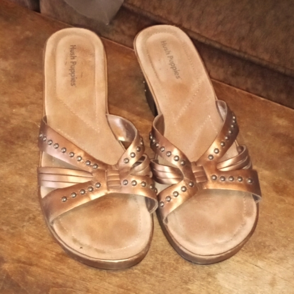 Hush Puppies Barrie Leather Chunky Heels Bronze Size 10 M